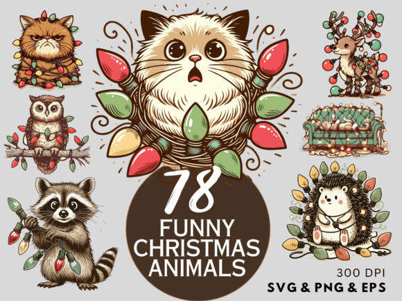 78 Christmas Funny Animals SVG PNG EPS for Illustrations