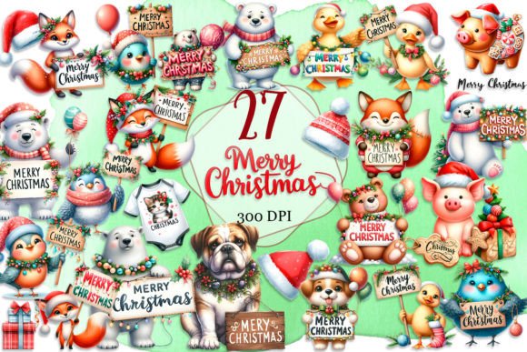 Christmas Animals Santa Hats Clipart for Illustrations