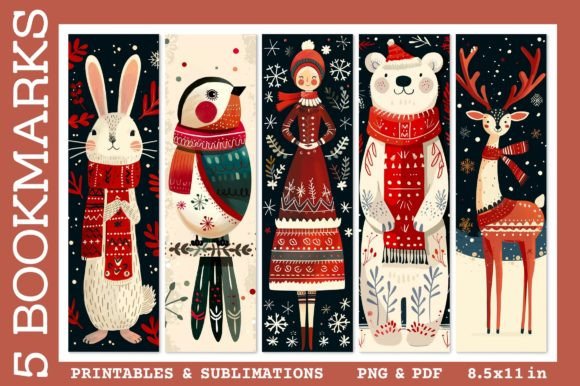 Christmas Bookmark Winter Bear Mrs Santa Illustrations