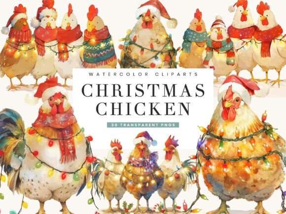 Christmas Chicken Clipart Bundle for Modern Illustrations