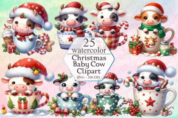 Christmas Cup in Cute Baby Cow Clipart for Illustrations