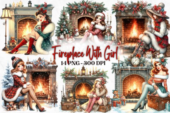 Christmas Fireplace with Girls Clipart Illustrations