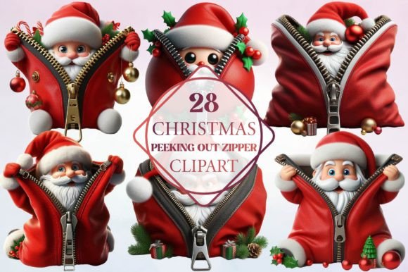 Christmas Peeking out Zipper Clipart for Illustrations