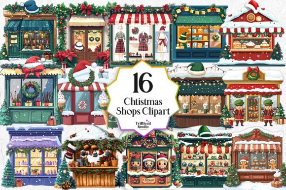 Christmas Shops Clipart Bundle Set: Festive Illustrations for Brand Storytelling