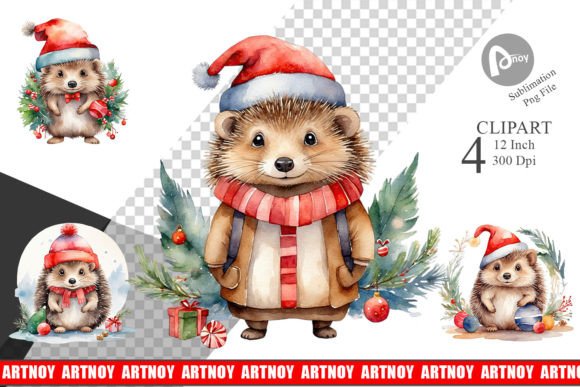 Clipart Watercolor Christmas Hedgehog for Festive Illustrations