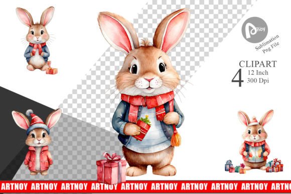 Clipart Watercolor Christmas Rabbit for Modern Illustrations