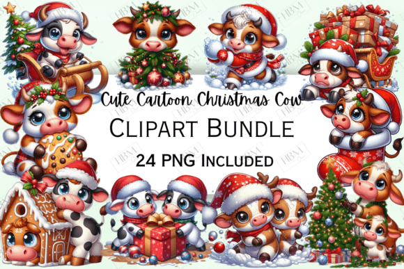 Cute Cartoon Christmas Cows Clipart for Seasonal Illustrations