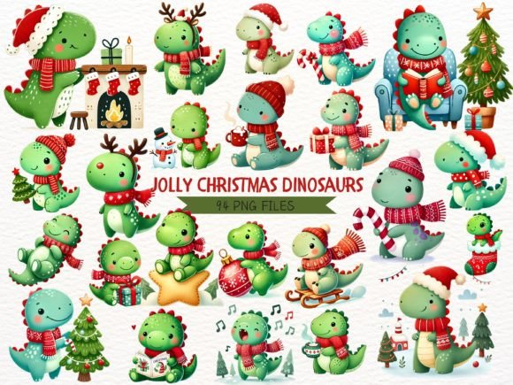 Cute Christmas Dinosaur PNG Bundle for Branding & Illustrations