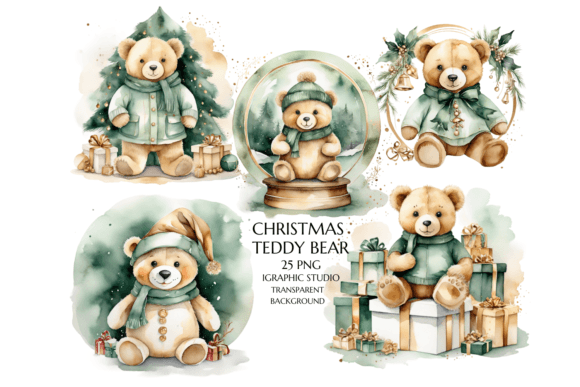 Emerald Gold Christmas Teddy Bear: Seasonal Illustrations for Publishers