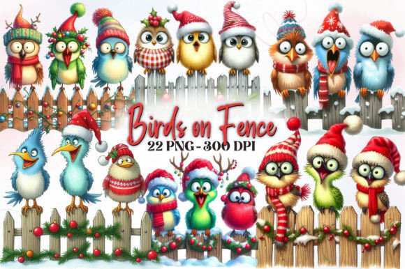 Funny Christmas Birds on Fence Clipart for Illustrations