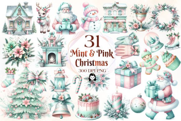 Pastel Mint Pink Christmas Clipart for Modern Illustrations