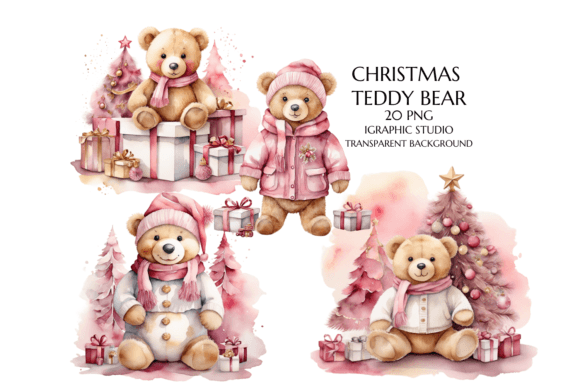 Pink Gold Christmas Teddy Bear Clipart for Modern Illustrations