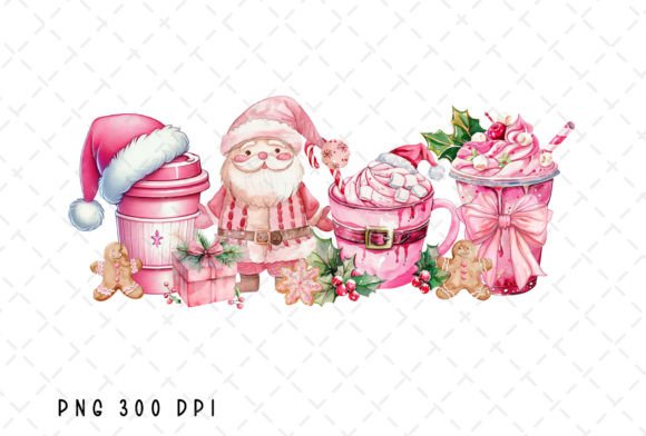 Pink Santa Coffee Merry Christmas PNG for Illustrations