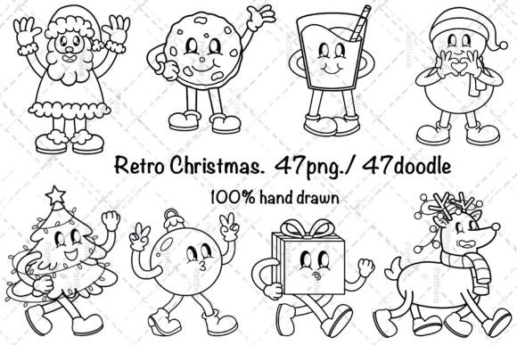 Retro Christmas Clipart, Hand Drawn