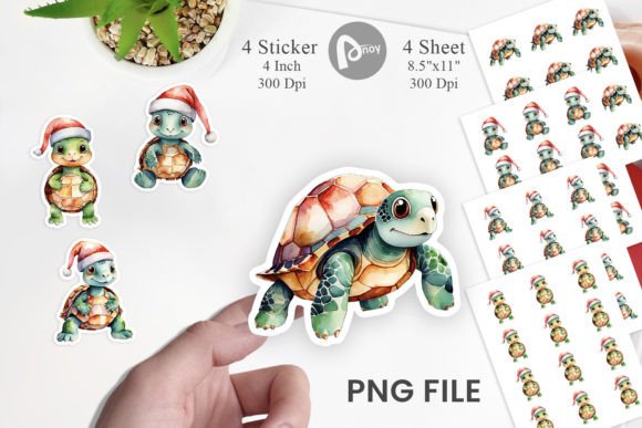 Sticker Watercolor Christmas Turtle for Illustrations
