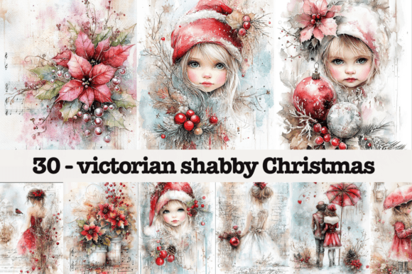 Victorian Shabby Christmas Digital Paper for Illustrations