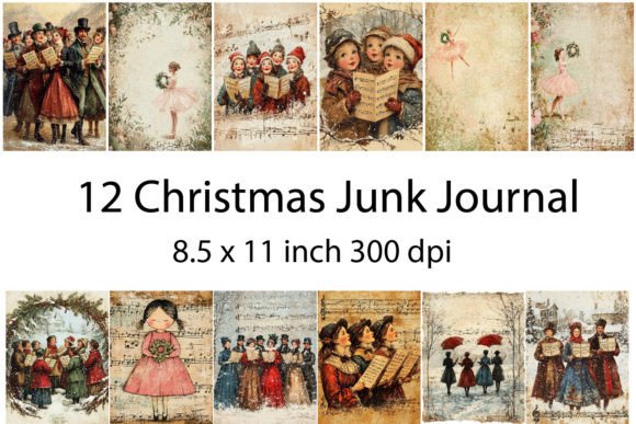 Vintage Christmas Junk Journal Set: Festive Illustrations for Branding