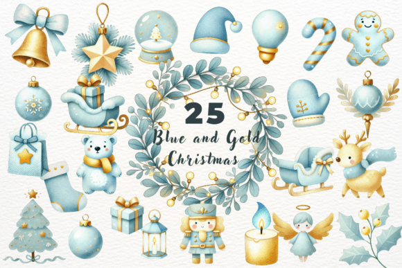 Watercolor Blue and Gold Christmas for Illustrations
