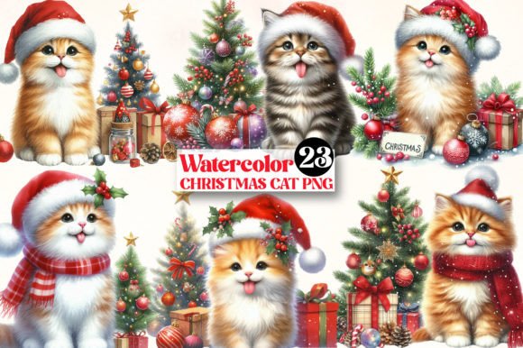 Watercolor Christmas Cat Clipart for Holiday Illustrations
