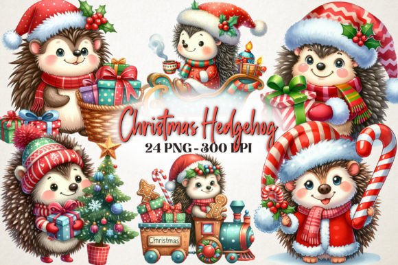 Watercolor Christmas Hedgehog Clipart for Illustrations