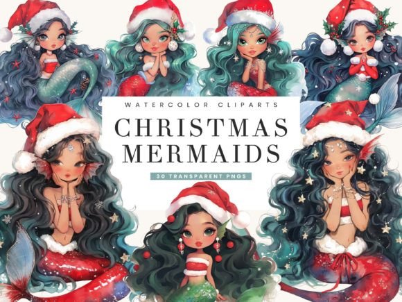 Watercolor Christmas Mermaids Clipart for Illustrations