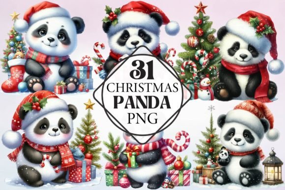 Watercolor Christmas Panda Clipart for Modern Illustrations
