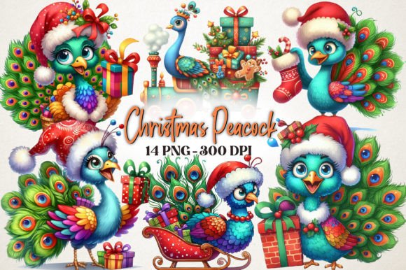 Watercolor Christmas Peacock Clipart for Modern Illustrations