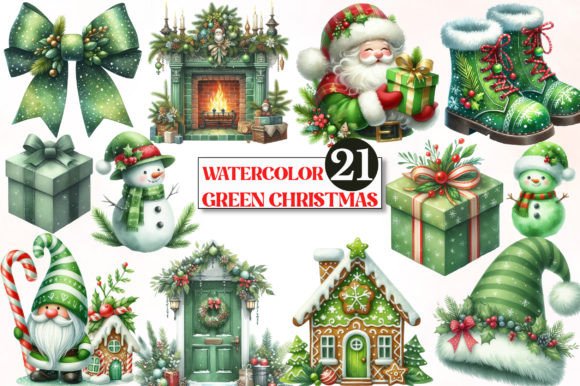 Watercolor Green Christmas ClipArt s for Illustrations